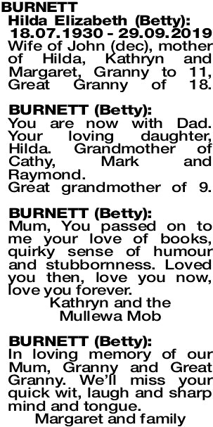 Obituaries for the late 'Betty' Burnett in The West Australian